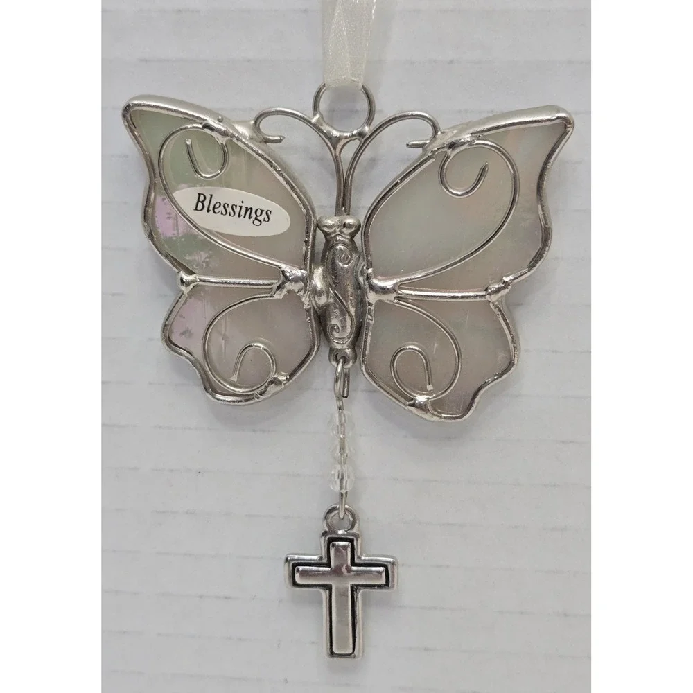 Lot of 2 Vtg Ganz Stained Glass Butterfly Ornaments Suncatcher Blessings Freedom